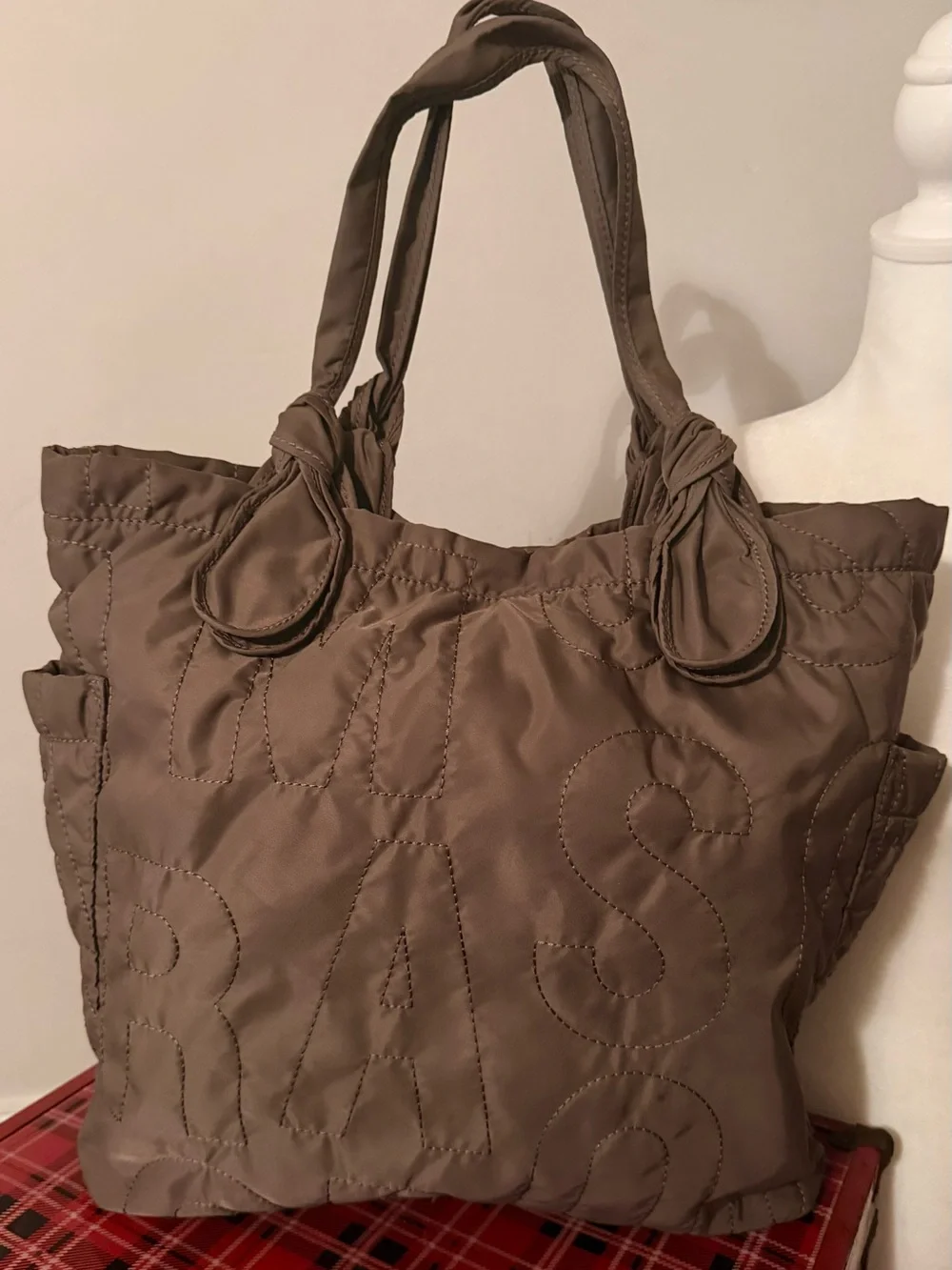 Marc by Marc Jacobs Quilted Taupe Tote Upcycled with Charm and Brooch